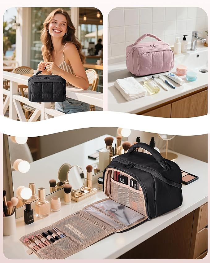 Travel Makeup Bag for Women, Toiletry Organizer with Waterproof Pockets, Puffy Cosmetics Pouch for Makeup Brushes, Skincare & Travel Essentials, Black (Bag only)