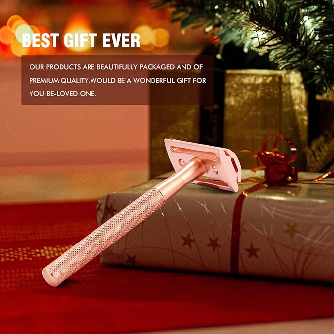 KINGHOOD Safety Razor Single Blade for Men with 10 Double Edge Blades Metal Reusable Eco Friendly Razors Rose Gold