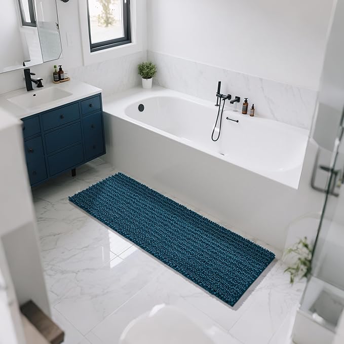Yimobra Bathroom Runner Rug 60x24 Inch - Extra Long Non Slip Chenille Bath Mat, Soft & Absorbent, Machine Washable Shaggy Hallway Carpet for Vanity Tub Shower, Peacock Blue Home Decor Accessories