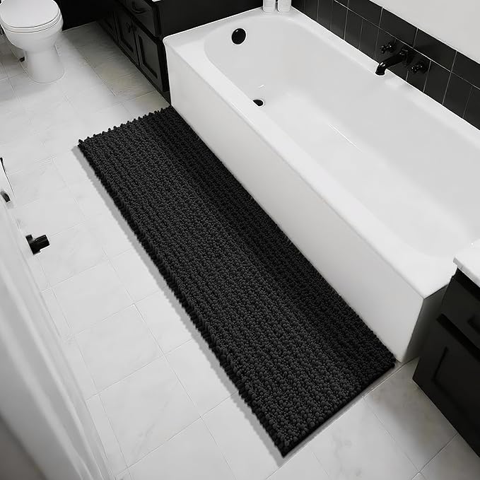 Yimobra Bathroom Runner Rug 60x24 Inch - Extra Long Non Slip Chenille Bath Mat, Soft & Absorbent, Machine Washable Shaggy Hallway Carpet for Vanity Tub Shower, Black Home Decor Accessories