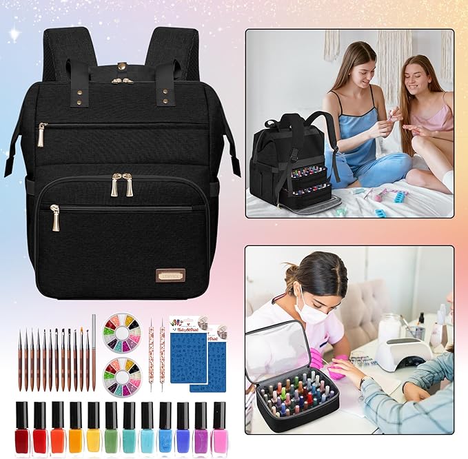 LTINVECK Nail Polish Organizer Case Backpack Holds 70 Bottles (15ml/0.5fl.oz)& Nail Lamp, 2 Layers Detachable Nail Kit Storage Case, Large Travel Nail Supplies Shoulder Bag for Manicure Tools (black)