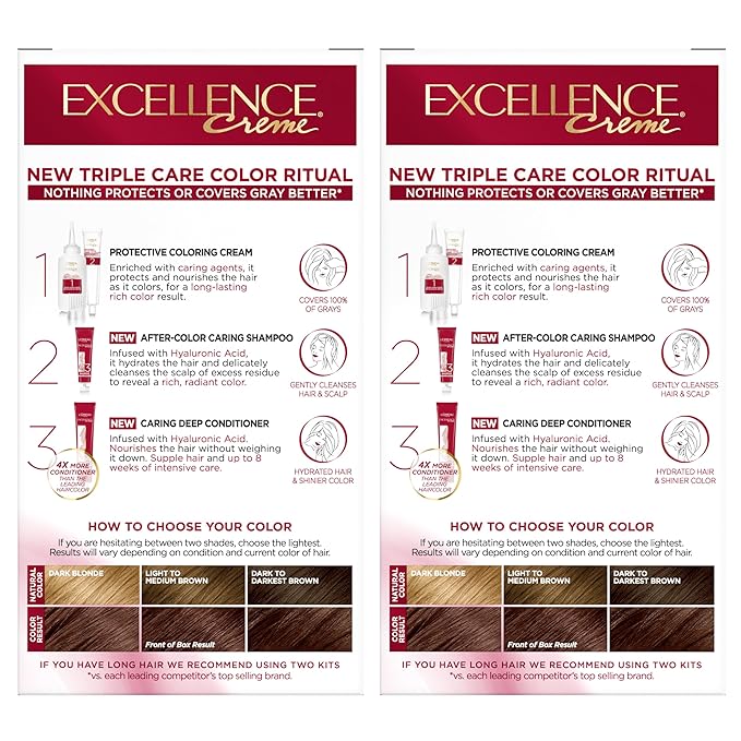 L'Oreal Paris Excellence Crème Permanent Hair Dye, Triple Care Hair Color with Pro-Keratine Complex for 100% Gray Hair Coverage, 5AR Medium Maple Brown, 1 Kit (Pack of 2)