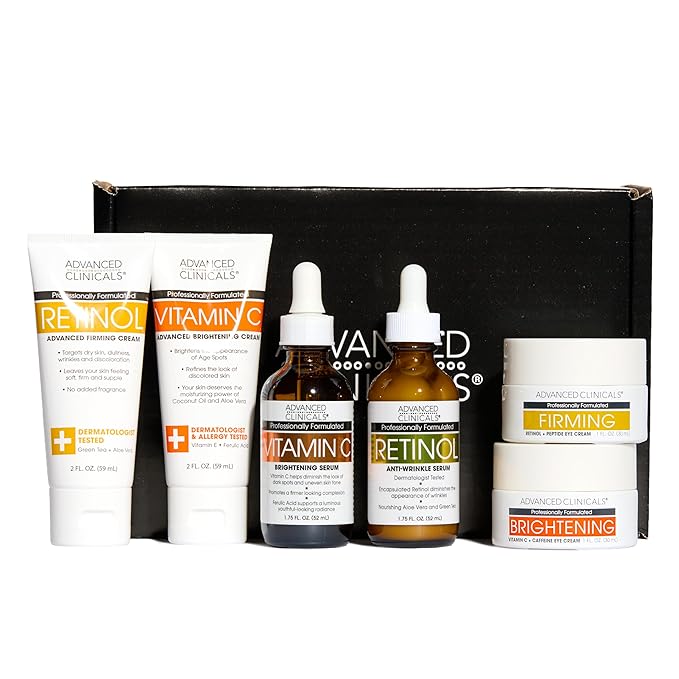 Advanced Clinicals Day-To-Night 6 Piece Skin Care Set Gift Box | (AM) Vitamin C + (PM) Retinol Face Serum, Under Eye Cream, & Travel Size Body Cream | Anti Aging Skincare Set Gift For Women & Men