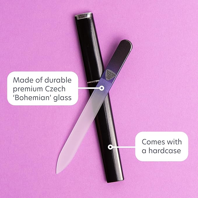 Bona Fide Beauty Glass Nail File with Hardcase, 1Piece Manicure Glass Fingernail Files in Black Cobalt. Made in The EU. Strong Reusable Nail Files