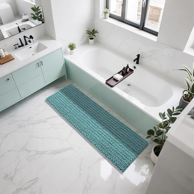 Yimobra Bathroom Runner Rug 60x24 Inch - Extra Long Non Slip Chenille Bath Mat, Soft & Absorbent, Machine Washable Shaggy Hallway Carpet for Vanity Tub Shower, Teal Blue Home Decor Accessories