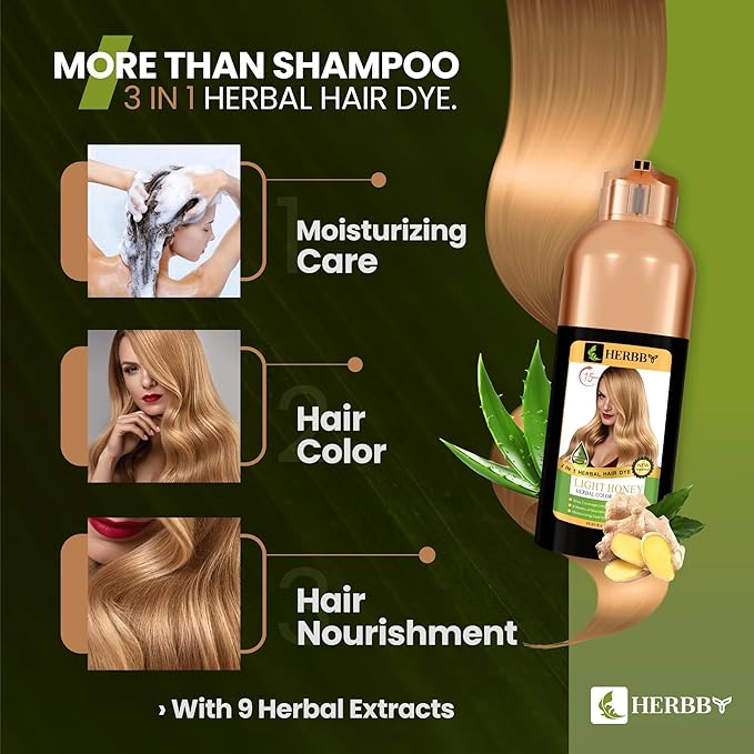 HERBBY Hair Color Shampoo for Gray Hair Coverage&Color Transform with 9 Herbal Extracts –Long Lasting(6-8 Weeks),Shiny,Evenly Colored,Instant Hair Dye Shampoo&Conditioner, 500 Ml (LIGHT HONEY COLOR)