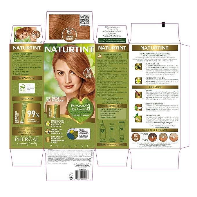 Naturtint 8C Copper Blonde Permanent Hair Color (Pack of 1), Ammonia Free, Vegan, Cruelty Free, up to 100% Gray Coverage, Long Lasting Results (Packaging may vary)