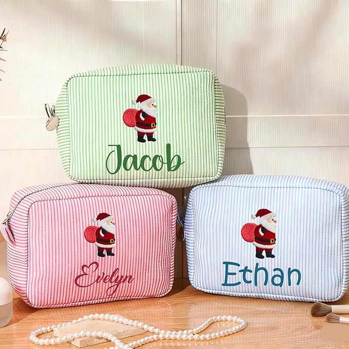 Personalized Seersucker Makeup Bag with Name,Custom Embroidered Cosmetic Bag for Women Girls,Travel Toiletry Bag,Bridesmaid Gifts,Organizer Storage Pouch,Gifts for Christmas,Birthday,Wedding