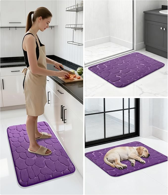 YIHOUSE Memory Foam Runner Rug, Cobblestone Bathroom Runner Rugs Super Water Absorbent Bath Mats for Bathroom Machine Washable Bath Rugs for Hallway Bedroom Laundry Room(24 x 47,Eggplant)