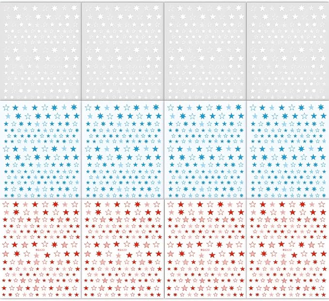 12 Sheets White Blue Red Star Nail Art Stickers 3D Self Adhesive 4th of July Nail Stickers for Nail Art Independence Day Nail Decals Star Nail Supplies Design for DIY Acrylic Nails for Women Girls