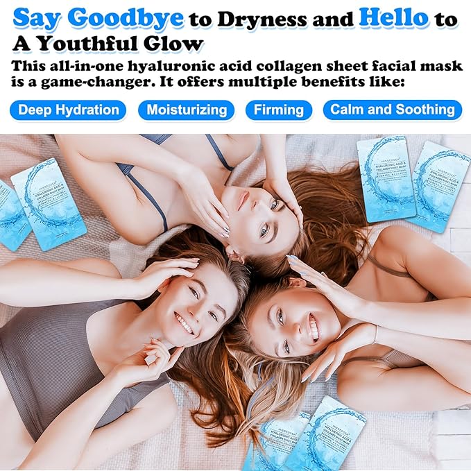 Collagen Face Mask with Hyaluronic Acid, Vitamin E Oil for Skin Care Hydrating, Moisturizing, Brightening & Anti Aging Face Masks Skincare for Oil, Dry, Acne, Sensitive All Skin Types 5PCS