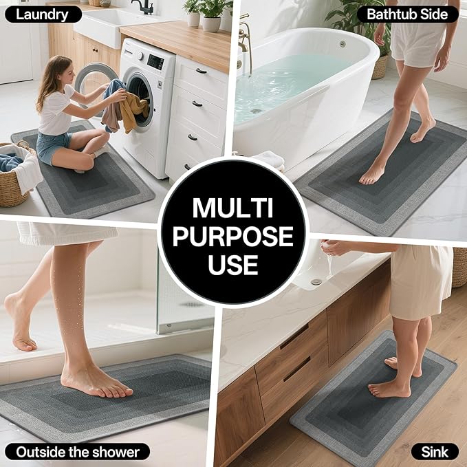 Non Slip Bath Mat Bathroom Rugs, Quick Dry Super Absorbent Washable Shower Bath Mats, Rubber Backing Ultra Thin Bathroom Rug Fit Under Door, Grey 24x36