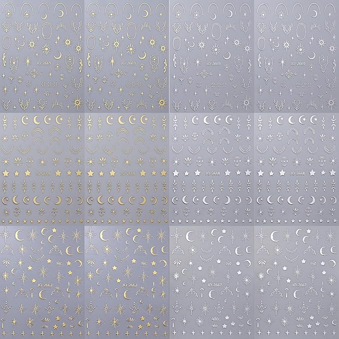 12 Sheets Silver Gold Moon Star Nail Art Stickers - 3D Self Adhesive Decals for Design and Decoration - Supplies Accessories for Women