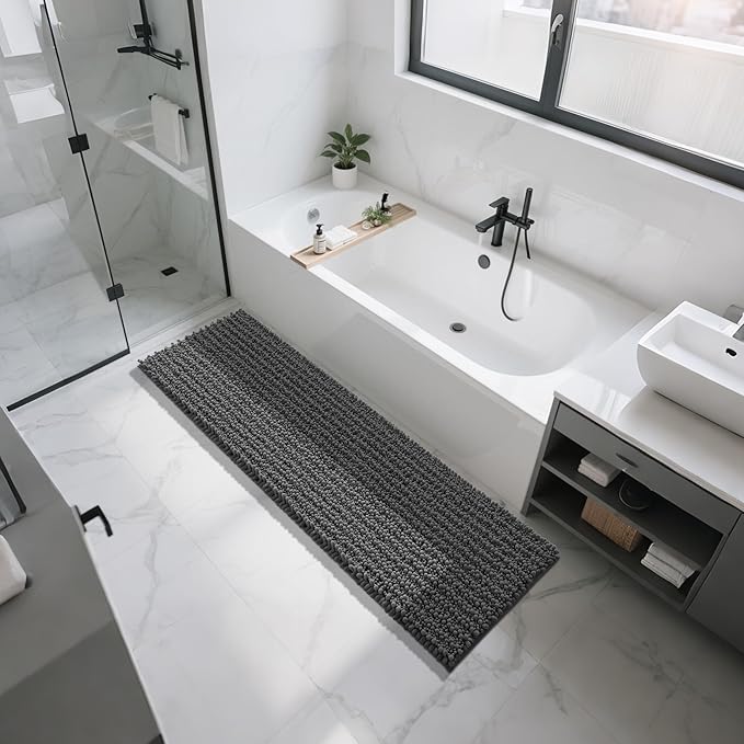Yimobra Bathroom Runner Rug 70x24 Inch - Extra Long Non Slip Chenille Bath Mat, Soft & Absorbent, Machine Washable Shaggy Hallway Carpet for Vanity Tub Shower, Dark Gray Home Decor Accessories