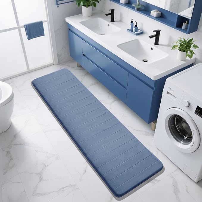 Yimobra Bathroom Runner Rugs 72"x24" Non Slip Washable Memory Foam Bath Mat, Super Soft Water Absorbent Hallway Carpet for Vanity Tub Shower, Denim Blue
