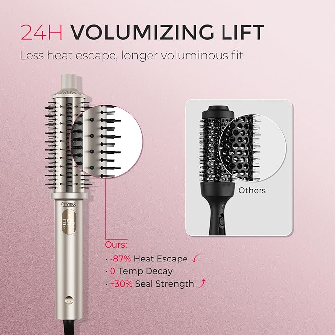 TYMO STYLUX PRO Thermal Brush Curling Brush, 1.5 Inch Blowout Heated Round Volumizer, Hair Straightener and Curler 2 in 1, 800M Negative Ion for Smoother, LCD Display, 5 Temp, Dual Voltage, Gold