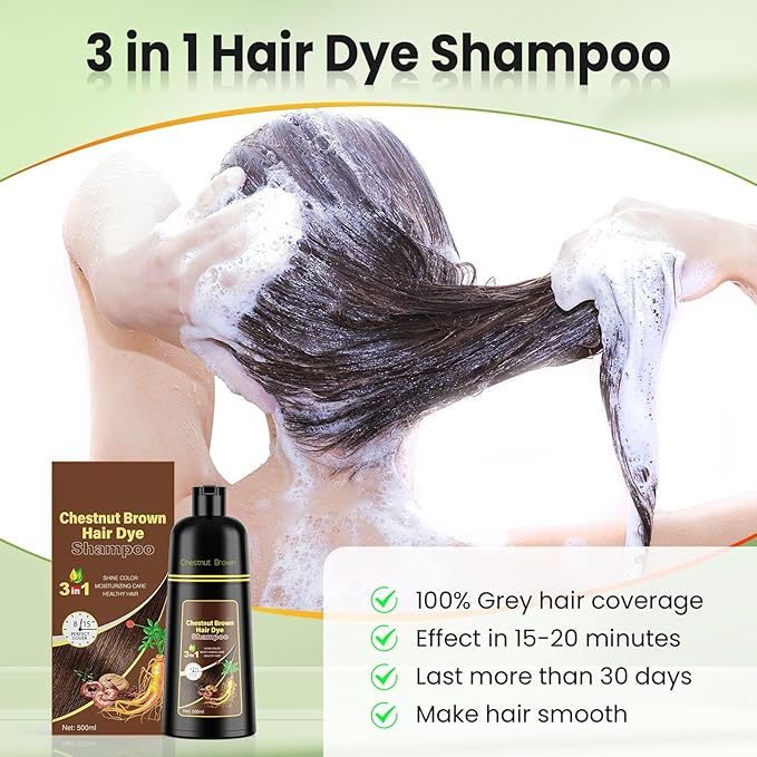 JUANCHI Chestnut Brown Hair Dye Shampoo 3 in1, Chestnut Brown Shampoo Hair Dye for Gray Coverage, Natural Hair Color for Women Men, Herbal Formula, Ammonia-free, Lasts 30 Days, 500ml (16.90 oz)
