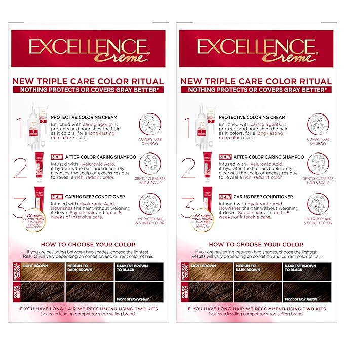 L'Oreal Paris Excellence Crème Permanent Hair Dye, Triple Care Hair Color with Pro-Keratine Complex for 100% Gray Hair Coverage, 4AR Dark Chocolate Brown, 1 Kit (Pack of 2)