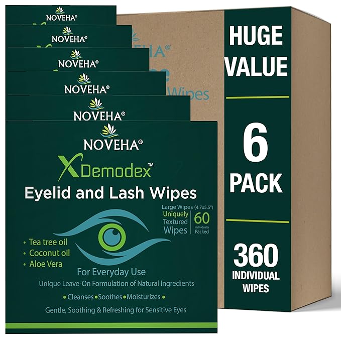 NOVEHA 360PCs Demodex Eyelid & Lash Wipes | Box of 60 Individually Wrapped Extra Strength Cleansing Eyelash Wipes - Battles Irritated Eyes - Naturally Remove Debris (Pack of 6)