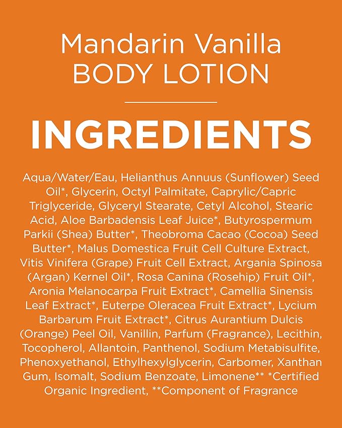 Andalou Naturals Vitalizing Body Lotion Mandarin Vanilla - Hydrating Daily Moisturizer to Nourish Dry Skin - With Shea Butter, Cocoa Butter, Rose Hip Oil, Argan Oil, & Aloe Vera - 8 fl oz