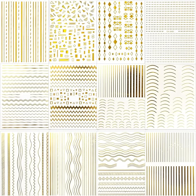 12 Sheets Gold Nail Stickers for Nail Art 3D Self Adhesive Line Nail Decals Gold Nail Art Stickers Gold Stripe Wave Nail Design French Nail Supplies for DIY Manicure Decoration for Women