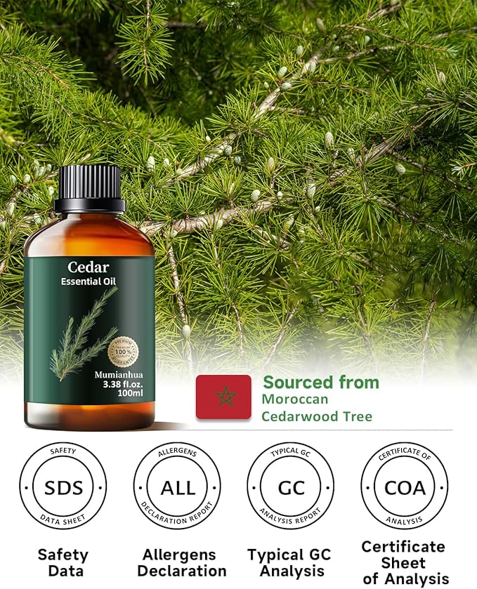 Pure Cedarwood Essential Oil, Mumianhua Natural Cedarwood Oil for Hair, Skin, Diffuser, Aromatherapy, Bedroom Atmosphere, Woodland Aroma, Evening Diffusion, Soap Making, Blends 3.38 Fl Oz