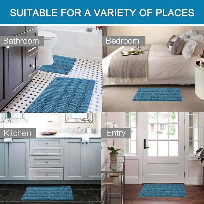 H.VERSAILTEX Bathroom Rugs Bath Rug Set 2 Piece Bathroom Contour Rug Toilet Mat Sets Non Slip Contour Bath Rug Ultra Thick Water Absorbent Striped Bath Mats(20" x 32" Plus 20" x 20" U, Turquoise Blue)