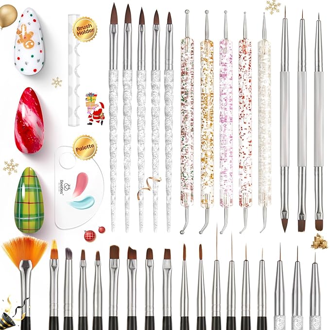 Beetles 31pcs Nail Art Brushes, Dotting Tools, Nail Art Pens, Dust Brush, Striping Liner Fingernail Drawing Pens with Palette Holder All in One for Starter Manicure Design Set