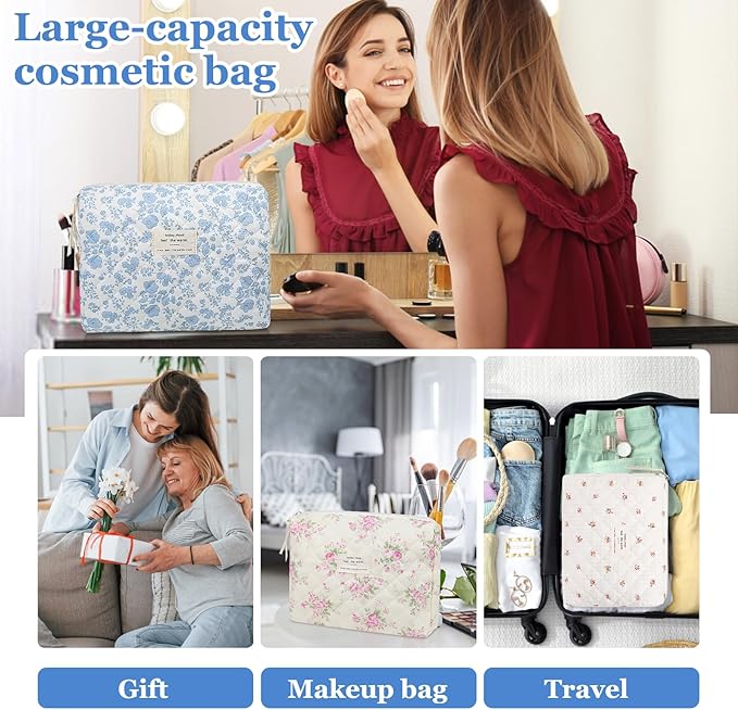 2PC Makeup Bag Set, Cute Cosmetic Bag for Women Girls, Floral Coquette Aesthetic Toiletry Bag, Travel Make Up Organizer Bag (Blue Floral)