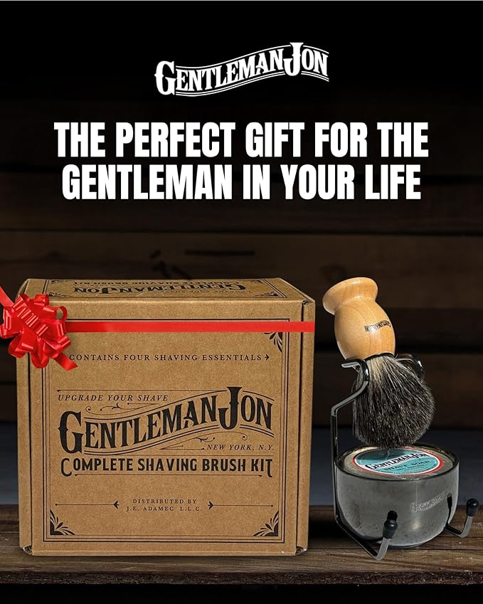 Gentleman Jon Complete Shaving Brush Kit – Old Fashion Shaving Kit for Men, Includes Shave Brush, Bowl, Soap & Stand, Vintage Wet Shave Mug, Barber-Style 4-Piece Gift Set, Men's Barber Accessories