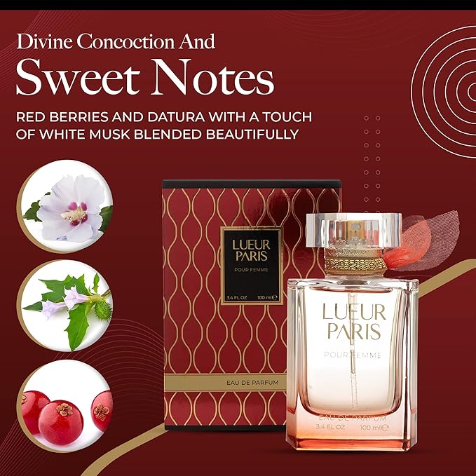 Lueur Paris Pour Femme Womens Perfume - INSPIRED by A WORLD RENOWED WOMEN'S PERFUME - Fruity, Floral, Patchouli, Sweet, Citrus, White Musk - 3.4 fl oz / 100 ml