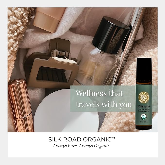 Silk Road Organic Rosemary Essential Oil & Jojoba Roll On, USDA Certified, Support Hair Growth & Health - 10 ml Aromatherapy Roller