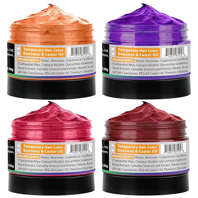 4 Colors Temporary Hair Color Wax for Christmas Party, Stocking Stuffers-DIY Washable Natural Instant Hair Color for Women Temporary Hair Dye for Kids Teens Women Men (Red&Orange&Claret&Purple 5 pcs)