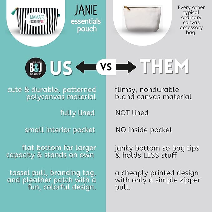 Brooke & Jess Designs Mama's Essentials Pouch Gifts for Women Striped Makeup Bags Cosmetic Bag Travel Toiletry Makeup Pouch Pencil Bag with Zipper Best Mama Mommy Mother Birthday Just Because Gifts