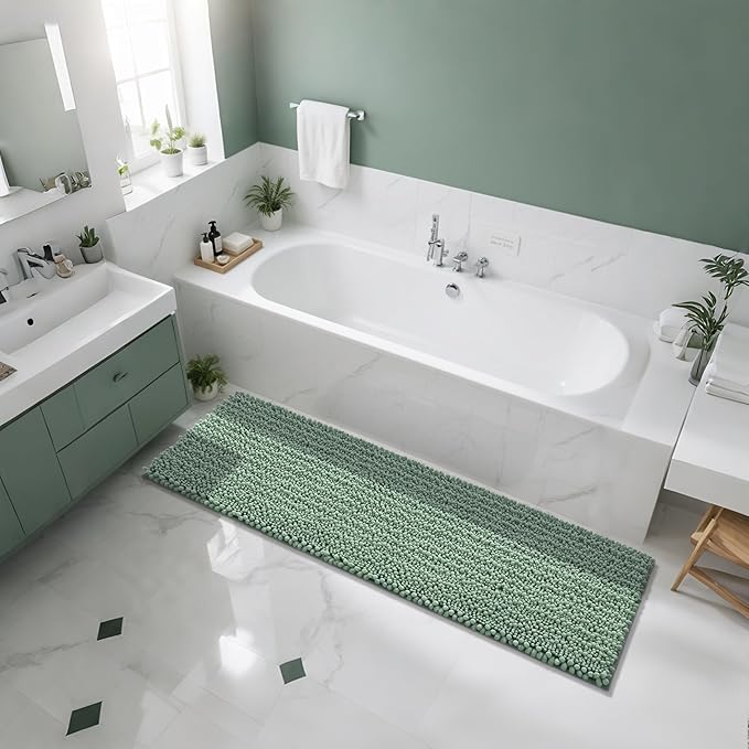 Yimobra Bathroom Runner Rug 70x24 Inch - Extra Long Non Slip Chenille Bath Mat, Soft & Absorbent, Machine Washable Shaggy Hallway Carpet for Vanity Tub Shower, Green Home Decor Accessories