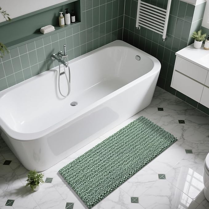Yimobra Bathroom Runner Rug 55x24 Inch - Extra Long Non Slip Chenille Bath Mat, Soft & Absorbent, Machine Washable Shaggy Hallway Carpet for Vanity Tub Shower, Green Home Decor Accessories