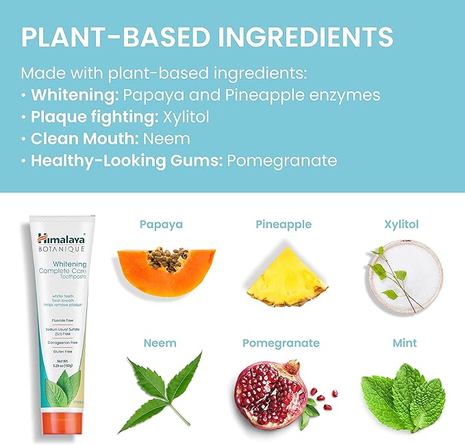 Himalaya Botanique Whitening Complete Care Toothpaste, Teeth Whitening, Fights Plaque, Fluoride Free, No Artificial Flavors, SLS Free, Cruelty Free, Foaming, Simply Mint Flavor, 5.29 Oz, 4 Pack