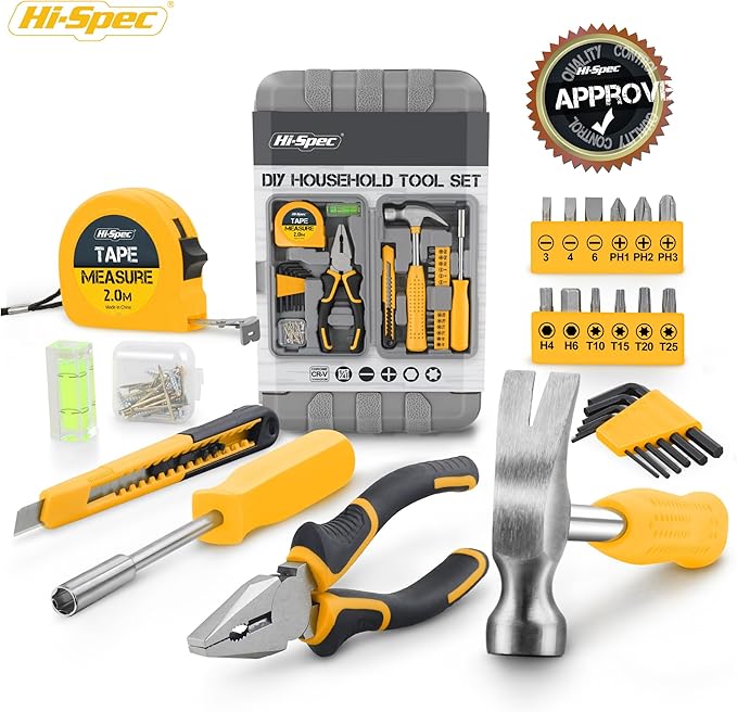 Hi-Spec Small Tool Box for Home and Office DIY, 25-Piece Yellow Mini Tool Kit Set for Basic Household Repairs in a Portable Toolbox Case.
