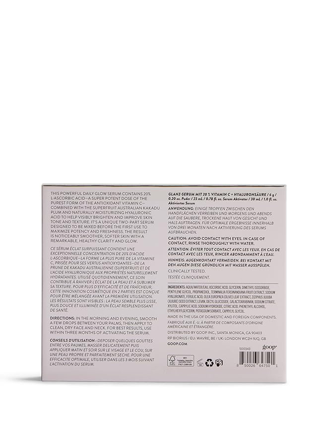goop Beauty 20% Vitamin C + Hyaluronic Acid Serum | Improves Tone, Texture, & Hydration | L-ascorbic Acid and Hyaluronic Acid | Paraben and Silicone Free | 1 fl oz