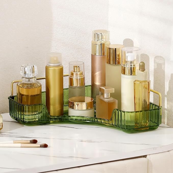 YCIA&DONE Corner Bathroom Counter Organizer, Makeup Organizer for Vanity, Skincare Cosmetic Perfume Tray, Corner Countertop Shelf Rack Storage for Bathroom Kitchen 1 Tier (Vintage Green)