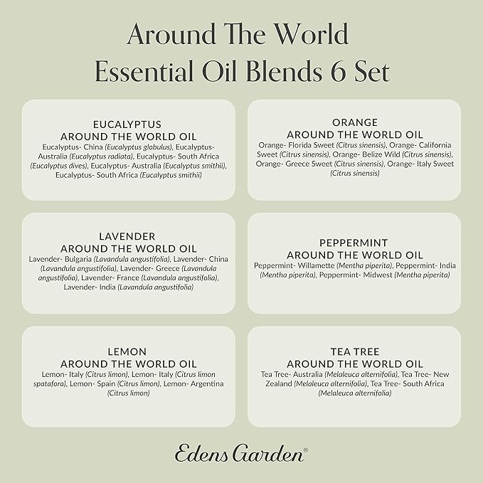 Edens Garden Essential Oils Around The World 6 Set – 100% Pure Therapeutic Grade Aromatherapy: Eucalyptus, Lavender, Lemon, Orange, Peppermint & Tea Tree for Home Diffusers – Undiluted, 10 ml/ 6 Pack