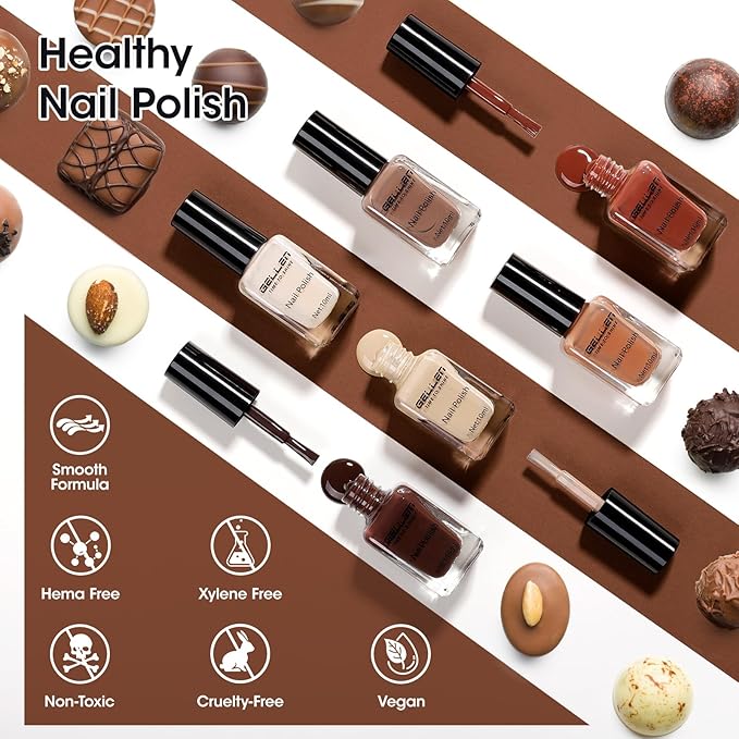 GELLEN Chocolate Brown Nail Polish Set, Fall Winter Brown Regular Nail Polish Quick Air Dry 6 Colors for Fingernail Toe Nails Home Salon Manicure Women Gifts, Not UV Gel, Hema Free, Non Toxic