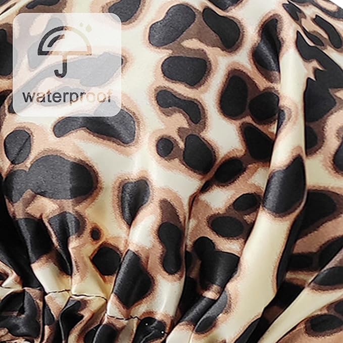 Reusable Shower Cap for Women, Large Waterproof Shower Essentials Bonnet Washable Elastic Band Bath Hair Wrap Hat for Long Hair, Braids(Leopard)