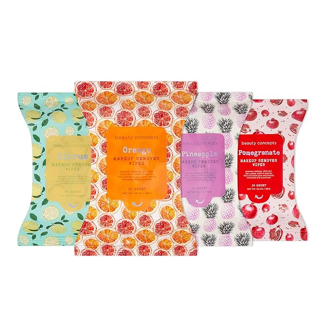Beauty Concepts Facial Wipe Set - Packs of Face Wipes, Makeup Removing Wipes, Pomegranate, Citrus, Pineapple, and Orange Face