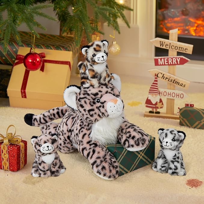 MorisMos Pink Cheetah Stuffed Animal with Babies,18" Large Mommy Leopard with Cub Plushies,Mama & Baby Leopard Stuffed Animals Set,Realistic Cheetah Toys Gift for Girl Kid Birthday Jungle Party Decor