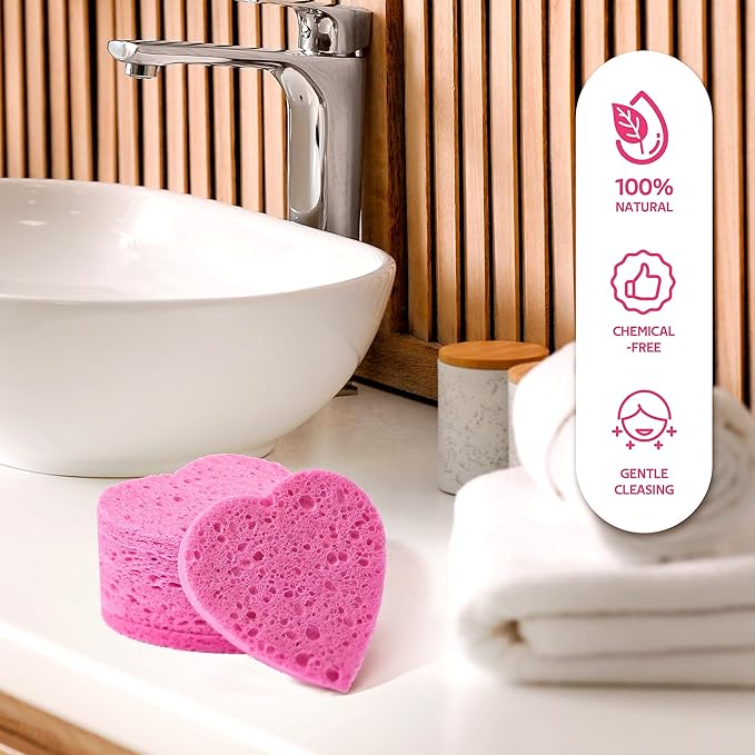 GAINWELL 50-Count Heart Shape Compressed Facial Sponges for Daily Facial Cleansing and Exfoliating, 100% Natural Cosmetic Spa Sponges for Makeup Remover