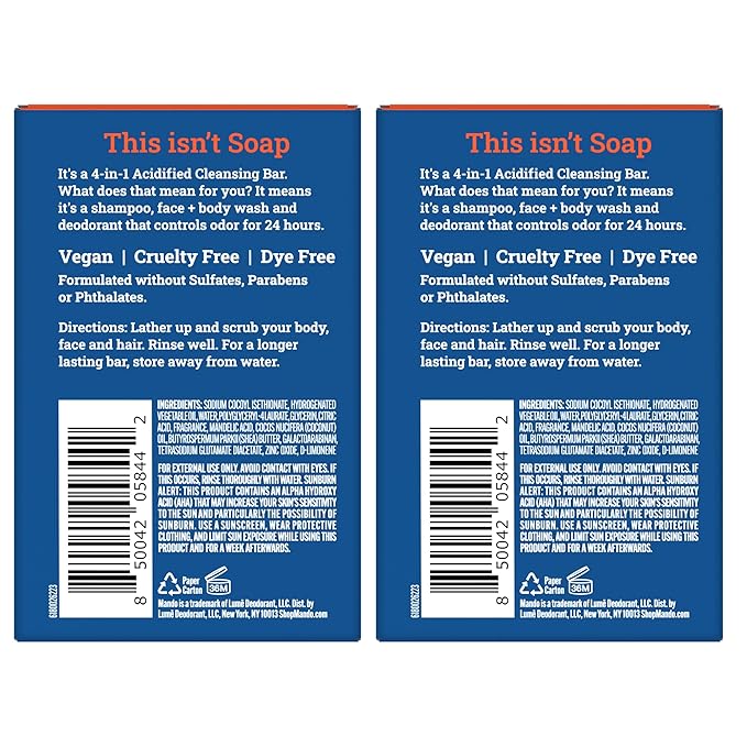 Mando Acidified Cleansing Bar - 24-Hour Odor Control - Removes Odor Better than Soap - Moisturizing Formula - SLS Free, Paraben Free - Safe For Sensitive Skin - Pro Sport