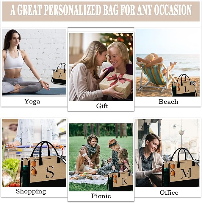 YOOLIFE Christmas Gifts for Women - Initial Jute Tote Bag & Makeup Bag, Birthday Gifts for Women Mom Wife Teacher Friend