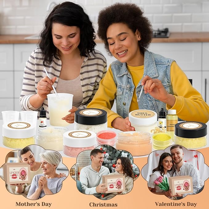 Sugar Lip Scrub Making Kit- 35Pcs Make Your Own Sugar Lip Scrub with Shea Butter, Almond Oil, Essential Oils, Moisturizing and Exfoliating Dry Lip, DIY Organic Lip Care Gifts For Women & Men
