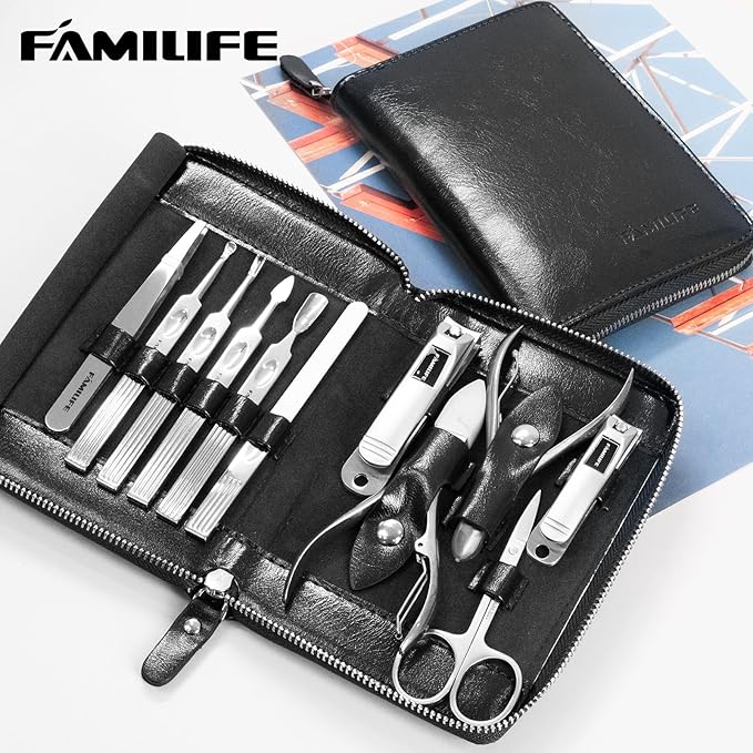 Manicure Kit, FAMILIFE Professional Manicure Set Nail Kit, 11 in 1 Stainless Steel Nail Clippers Set, with Portable Black Leather Travel Case Luxury Gifts for Him